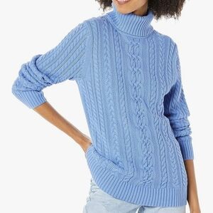 Blue Cable knit Turtleneck Sweater XXL 100% Cotton